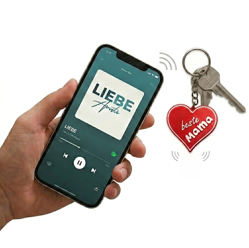 Hand hält ein Smartphone neben einem Täggie-Anhänger